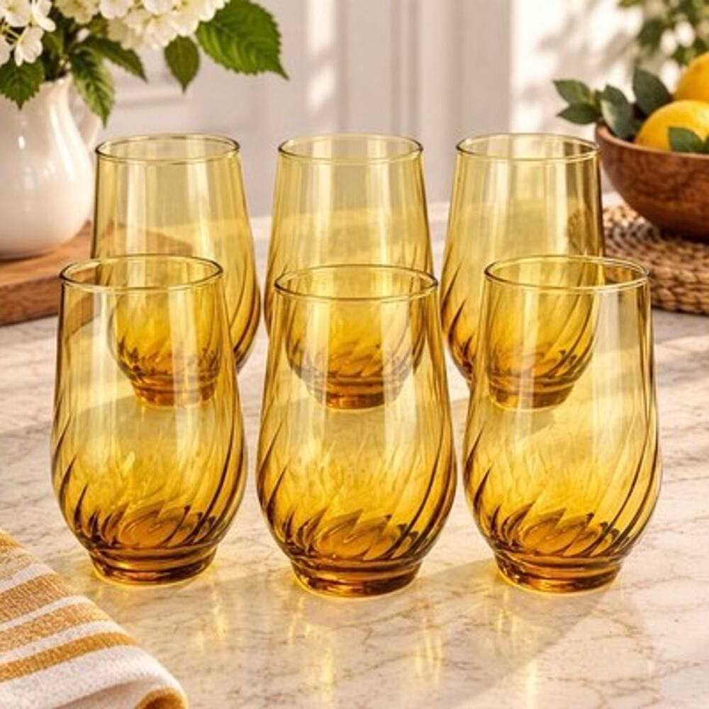 Vintage Libbey Amber Optic Swirl Juice Glasses Set of 6 MCM 5.25”